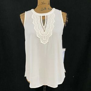 Pale‎ Sky Top SMALL PETITE Solid Ivory Lace Accents Sleeveless Romantic Tunic